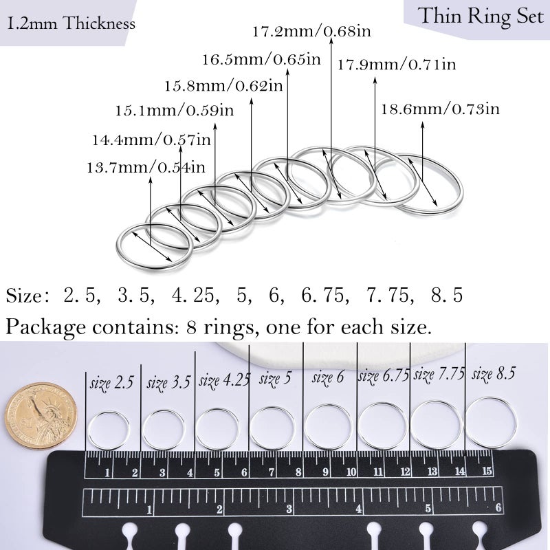 CANDYFANCY 925 Sterling Silver 1.2mm Stacked Midi Thin Rings for Women Knuckle Ring Band Stacking Ring Set Size 2.5-8.5 (Silver 8 Pcs) - Image 5